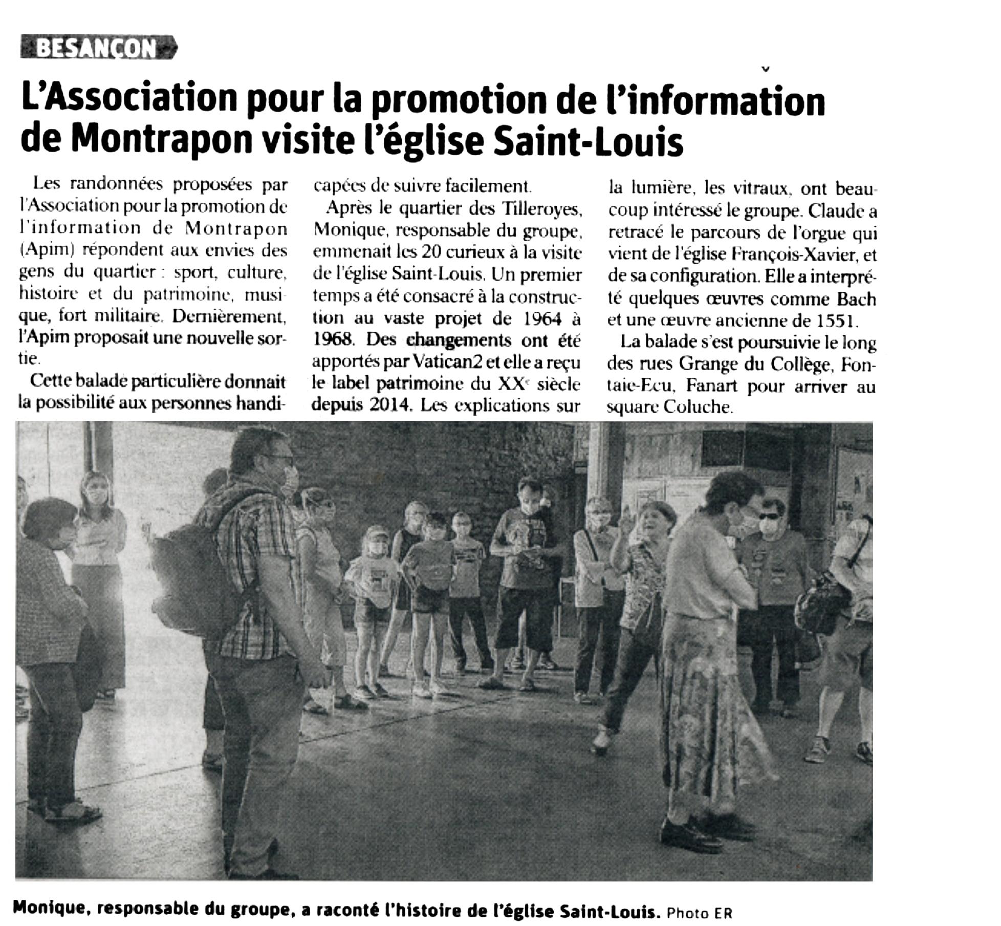 Est républicain - "l'Association pour la promotion de l'information de Montrapon visite l'église Saint-Louis" - 21 juillet 2021